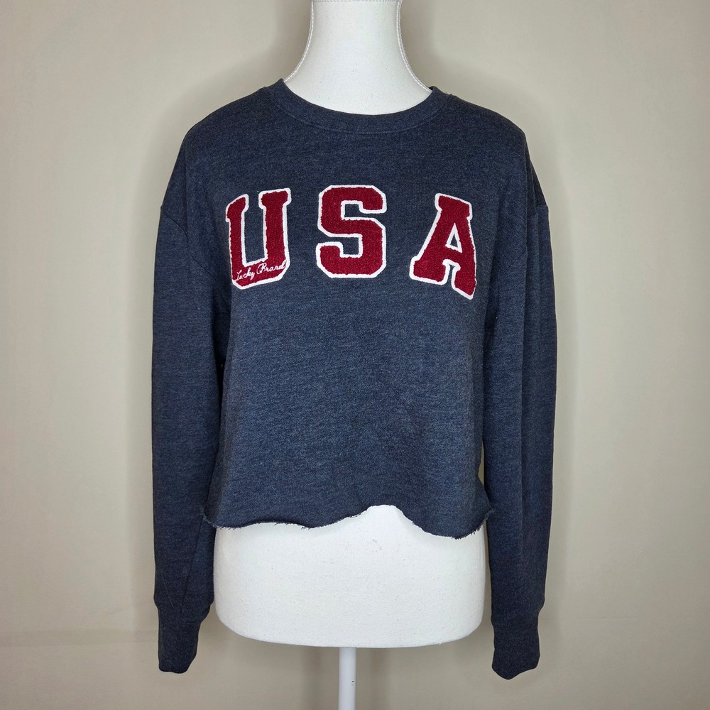 Lucky Brand Blue Cropped USA Sweatshirt‎ Retro Americana Rolled Hem S